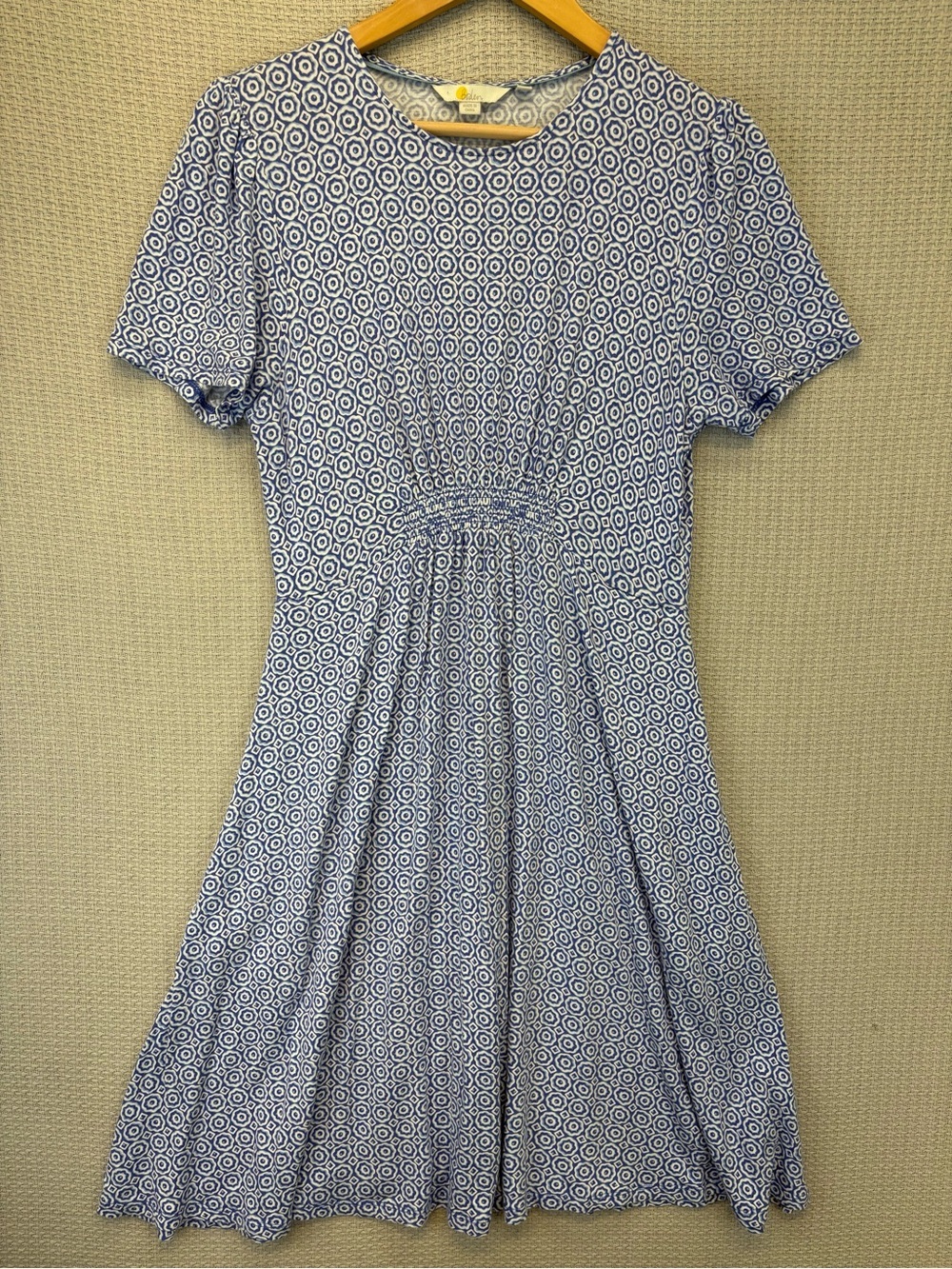 Boden Blue White Geometric Cotton Mini Dress Spring Floral Preppy Size 6 EUC